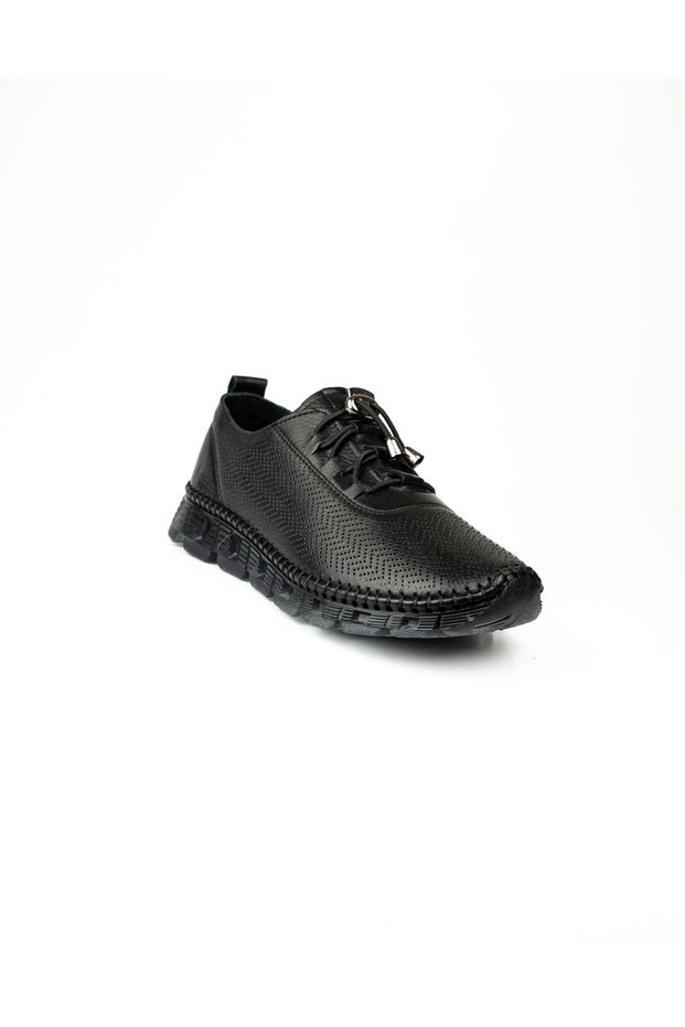 003 Black Leather Rubber Laced Casual Women's Shoes