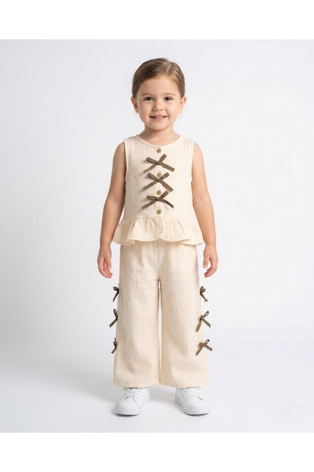 Girl's Bow Detailed Pants Set, 2-3-4-5-6 Years Old, Summer Muslin 2-Piece Stylish Holiday Set X