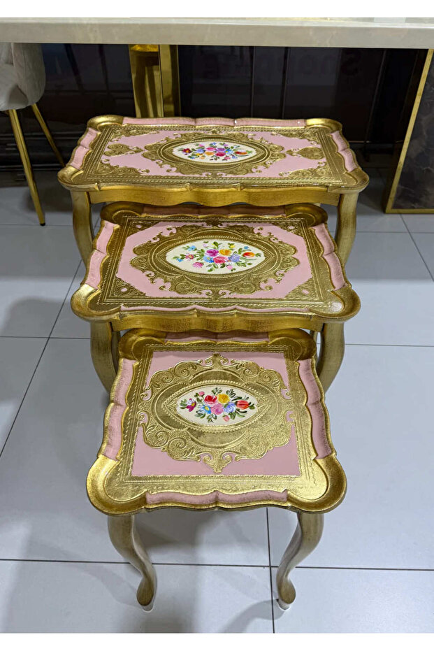 L&M Italian Farnaz Light Pink Wooden Tris Table set