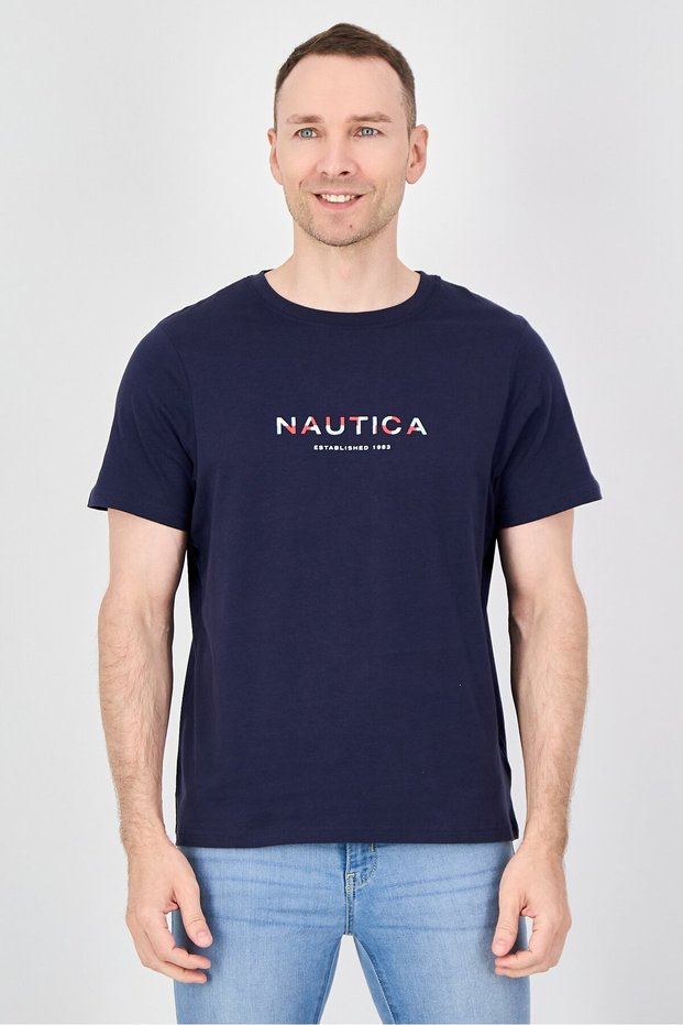 Men Crew Neck Short Sleeve Brand Logo T-Shirt, Navy
