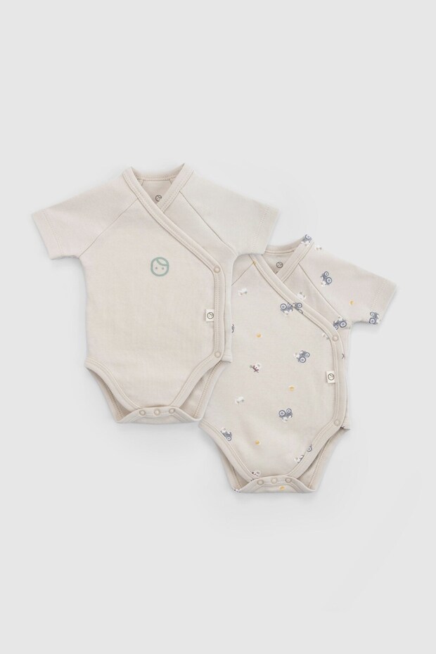 Organic Cotton 2-Piece Short Sleeve Double Breasted Beige Bodysuit Little Farm