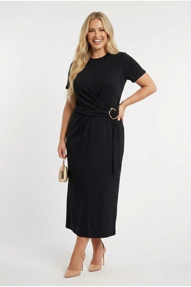 Women's Plus Size Short Sleeve Modal Fabric Dress with Buckle Detail on the Front 5452-26