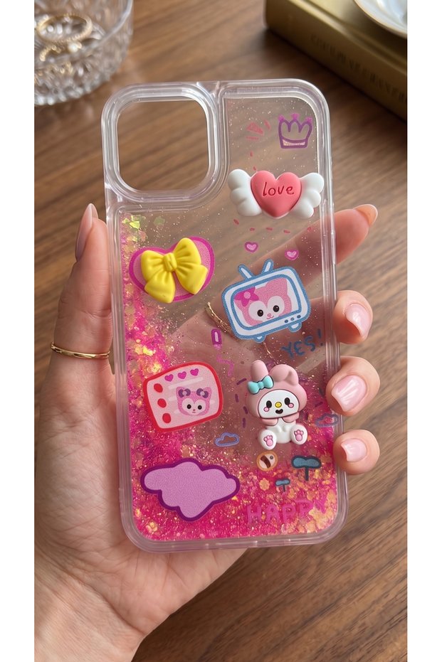 iPhone 15 Case Transparent Protective Cover with Moving Glitter 3D Characters and Love Figures