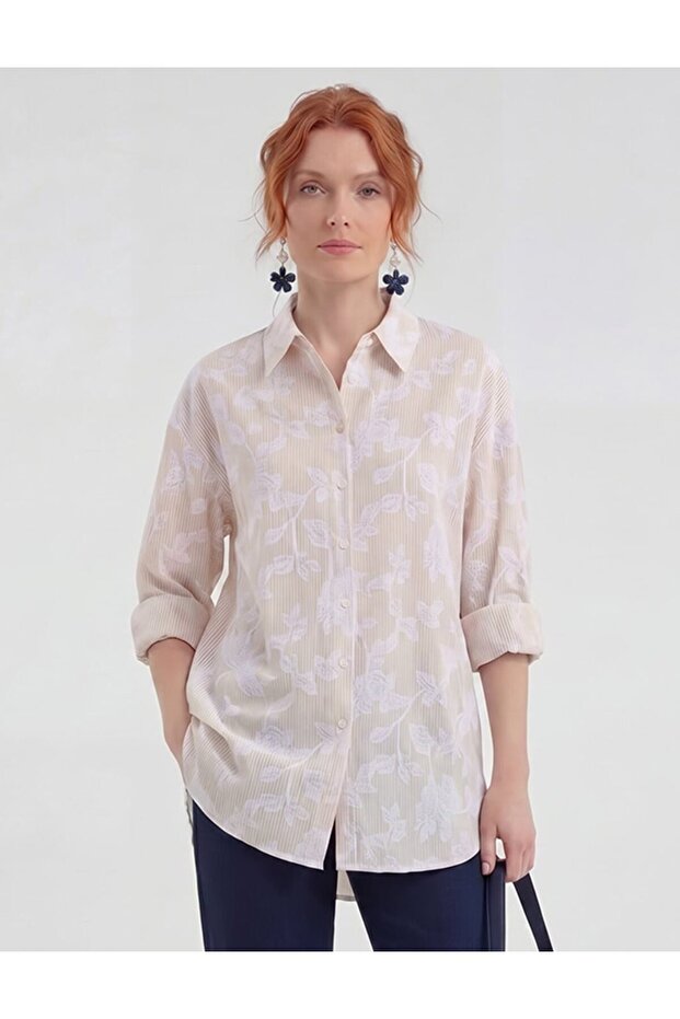 Embroidery Appliqued Cotton Modal Tunic Beige
