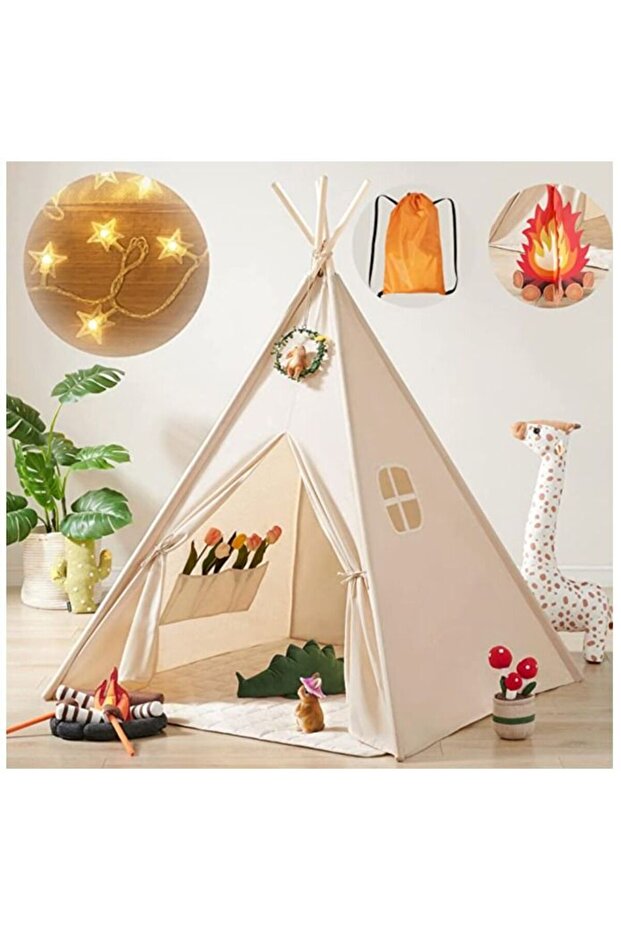 Kids Teepee Tent with Lights,Campfire Toy,Natural Cotton Canvas,for Boys & Girls