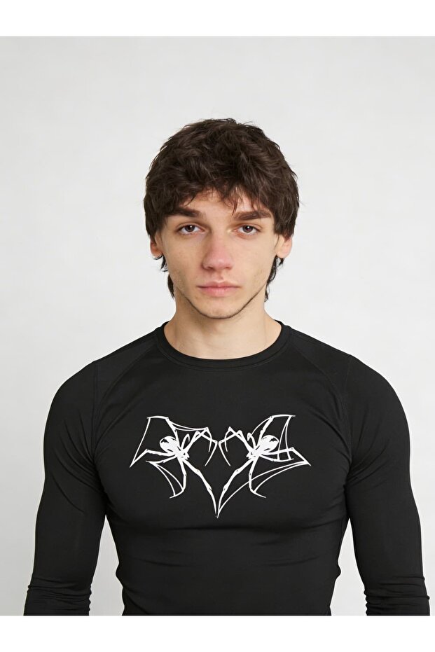 Heart Spider Long Sleeve Compression Slim Fit High Collar T-Shirt Black