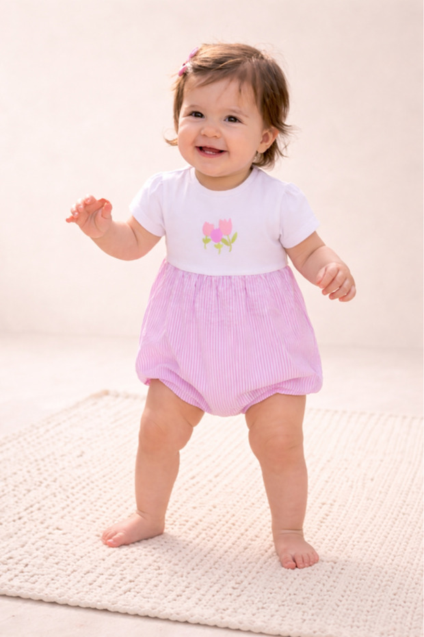 Infant Girls Floral Yoke Bubble Romper with Pink Stripe Bottom