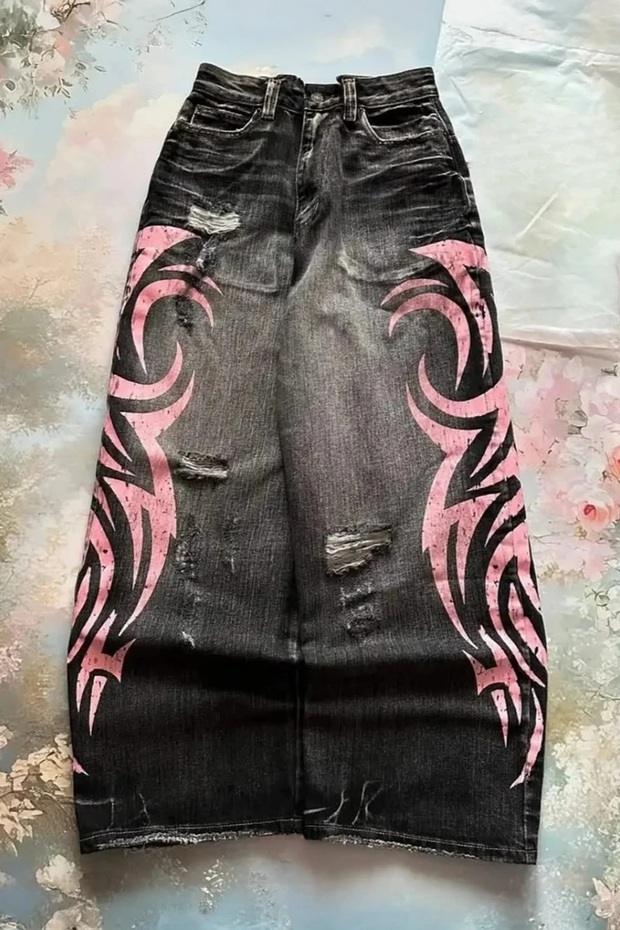 Black Stonewashed Pink Tribal Printed Y2K Unisex Baggy Pants