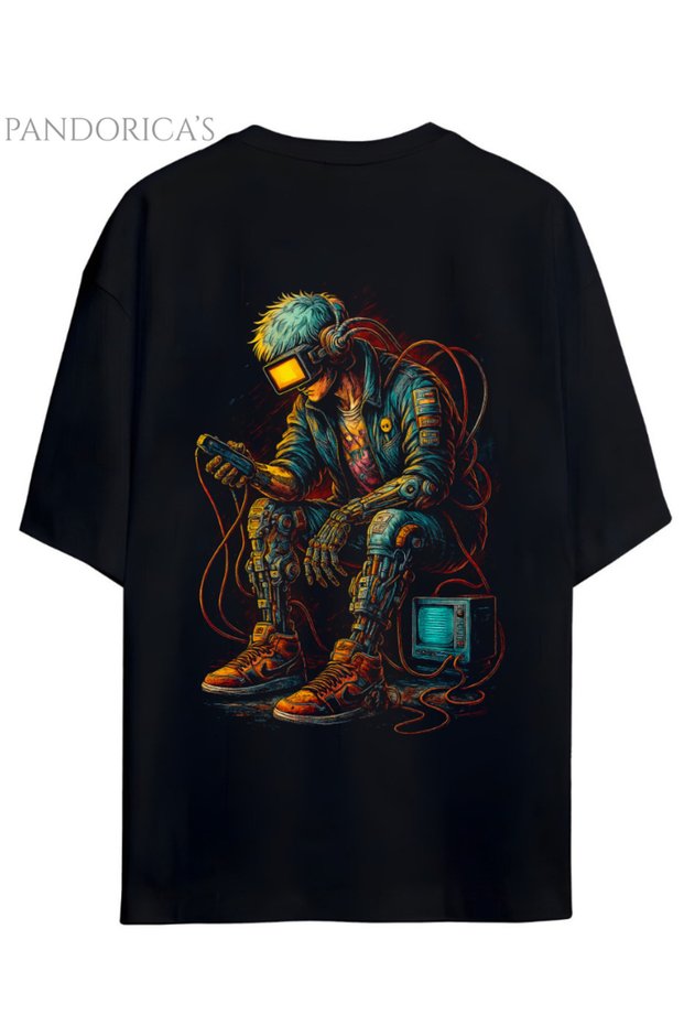 Cyberpunk Street Style Series Back Printed Cotton Relaxed Fit Black Unisex T-Shirt