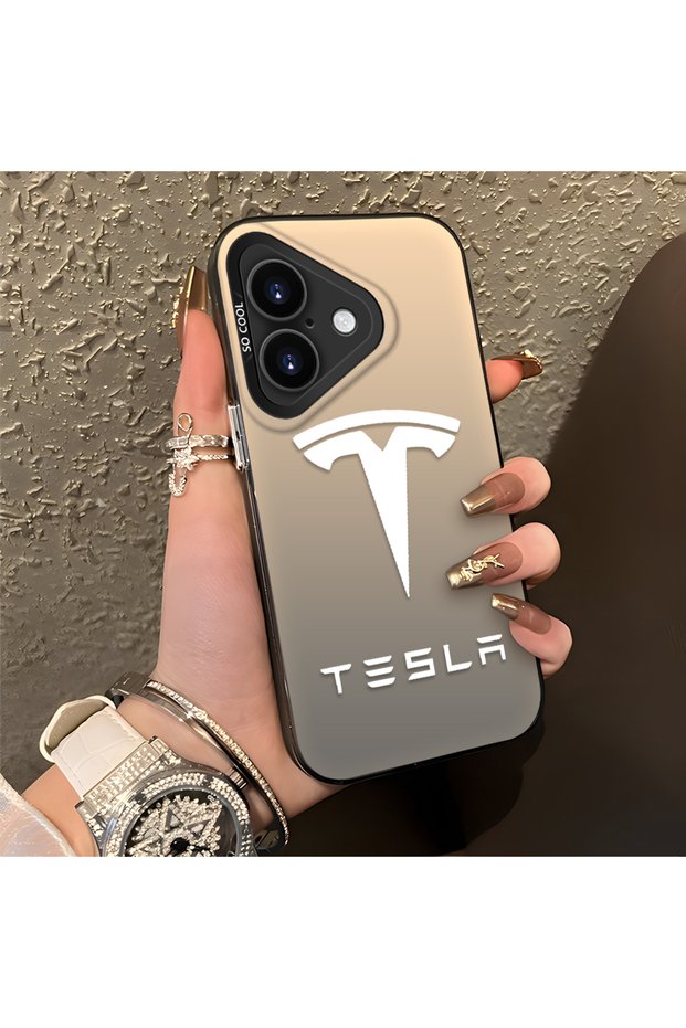 حافظة هاتف من السيليكون متوافقة مع iPhone 16، ذات حافة صلبة ومضادة للسقوط، بنمط تسلا