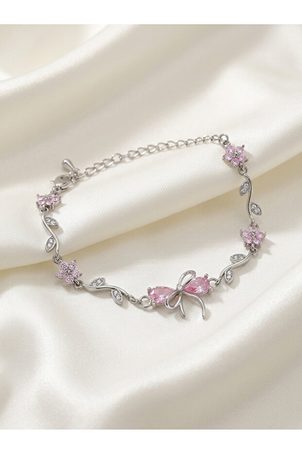 Women's Steel Zircon Stone Flower Pattern Ribbon Bracelet