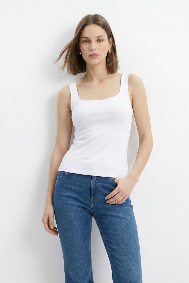 White Thick Strap Square Neck Tank Top 344