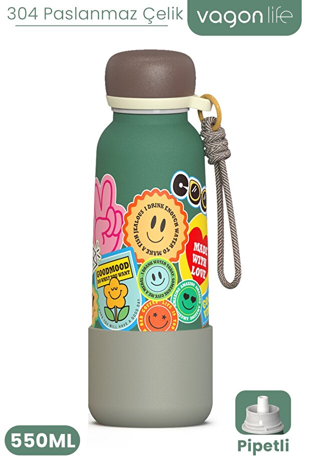 Patterned 550 ml Leak-Proof Stainless Steel Thermos Flask with Straw and Hand Strap, Bpa-Free 550ml 1103Ff