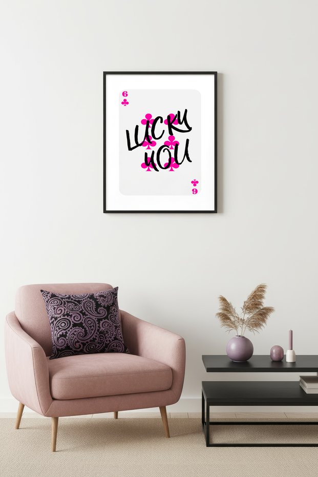 Black Wooden Framed Retro Painting - Pink Calligraphy Lucky You Wall Decor | Huhu2628 - Single Table Black Frame