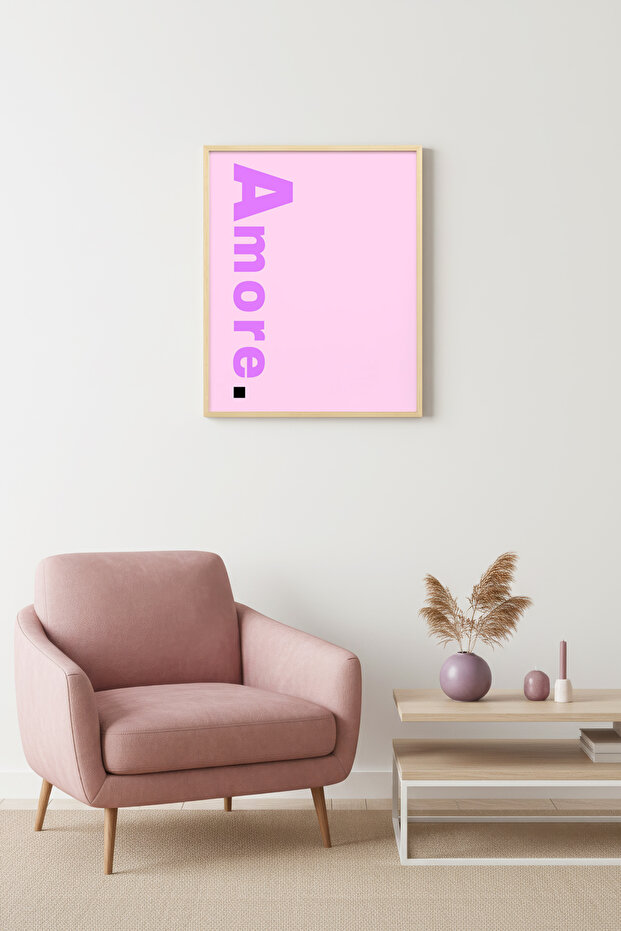 Natural Wood Framed Retro Amore Painting - Amore Font Typography | Huhu2415 - Single Table Natural Wood Frame