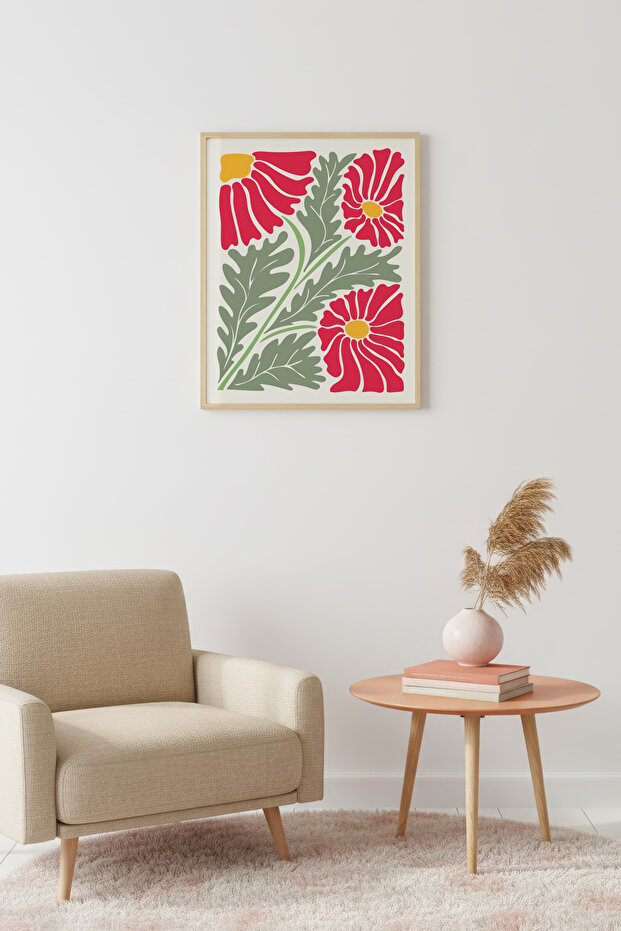Natural Wood Framed Retro Floral Botanical Art Print - Vibrant Tones | Huhu2340 - Single Table Natural Wood Frame
