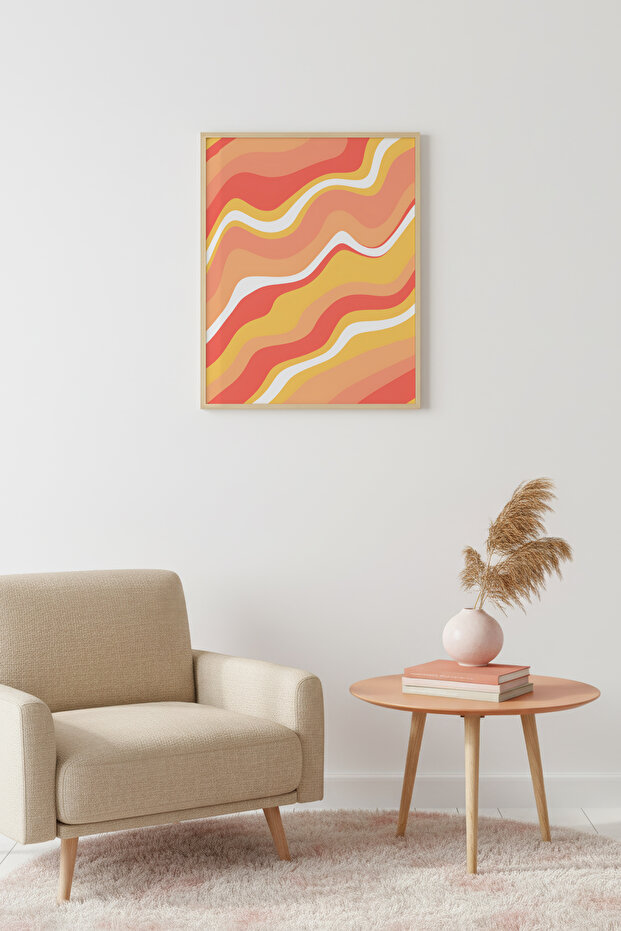 Natural Wood Framed Retro Abstract Wavy Painting - Orange Tones | Huhu2808 - Single Table Natural Wood Frame