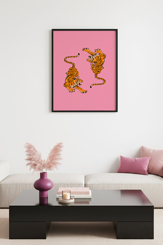 Black Wood Framed Retro Tiger Painting - Vibrant Forest Animals | Huhu2845 - Single Table Black Frame