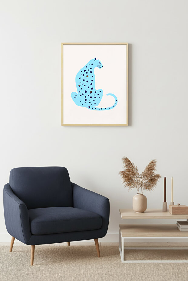 Natural Wood Framed Retro Cat Painting - Abstract Patterned Animal | Huhu2700 - Single Table Natural Wood Frame