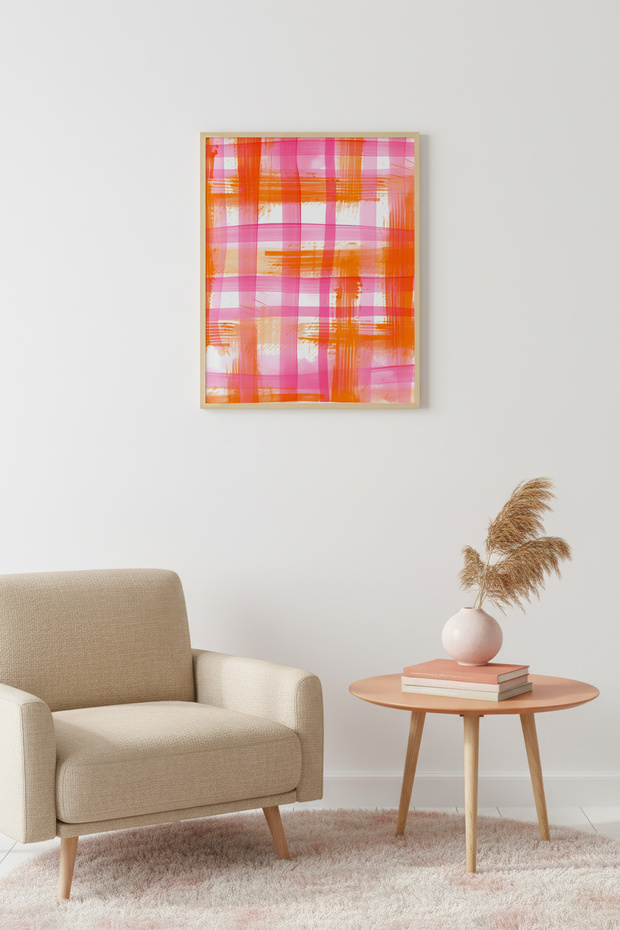 Natural Wood Framed Retro Abstract Painting - Orange Pink Line Pattern | Huhu2695