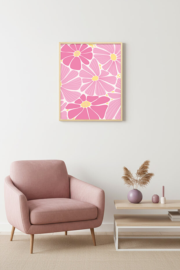 Natural Wooden Framed Retro Pink Floral Painting - Boho Floral Pattern | Huhu2757 - Single Table Natural Wood Frame
