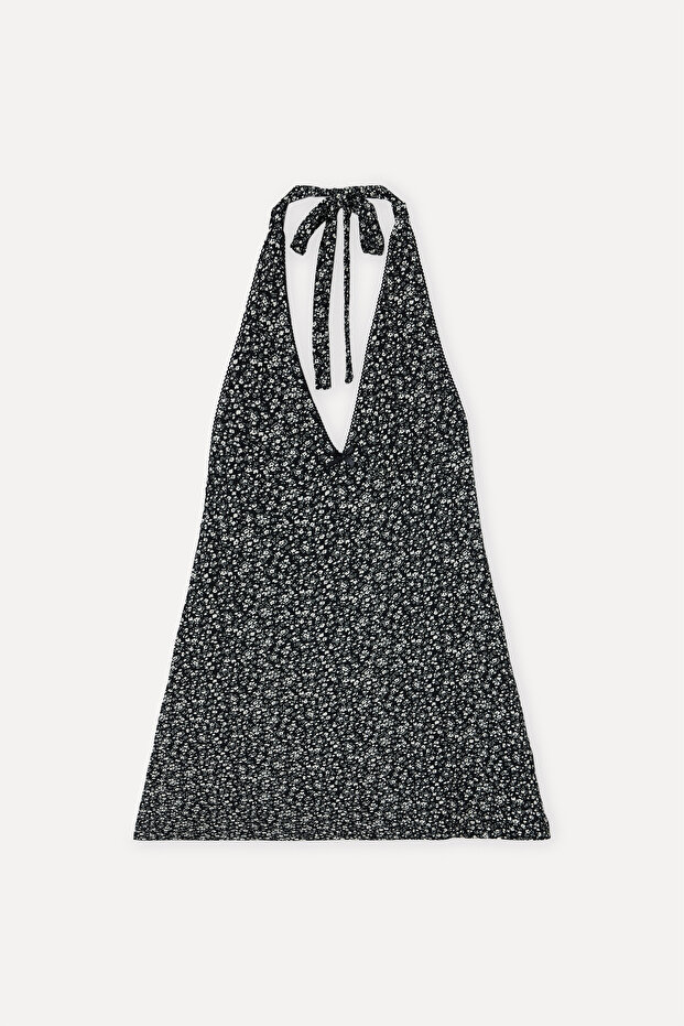Women's Black Patterned Halter Neck Sleeveless Mini Dress