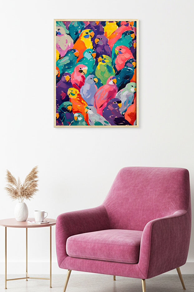 Natural Wood Framed Figurative Patterned Painting - Tropical Colors | Huhu1846