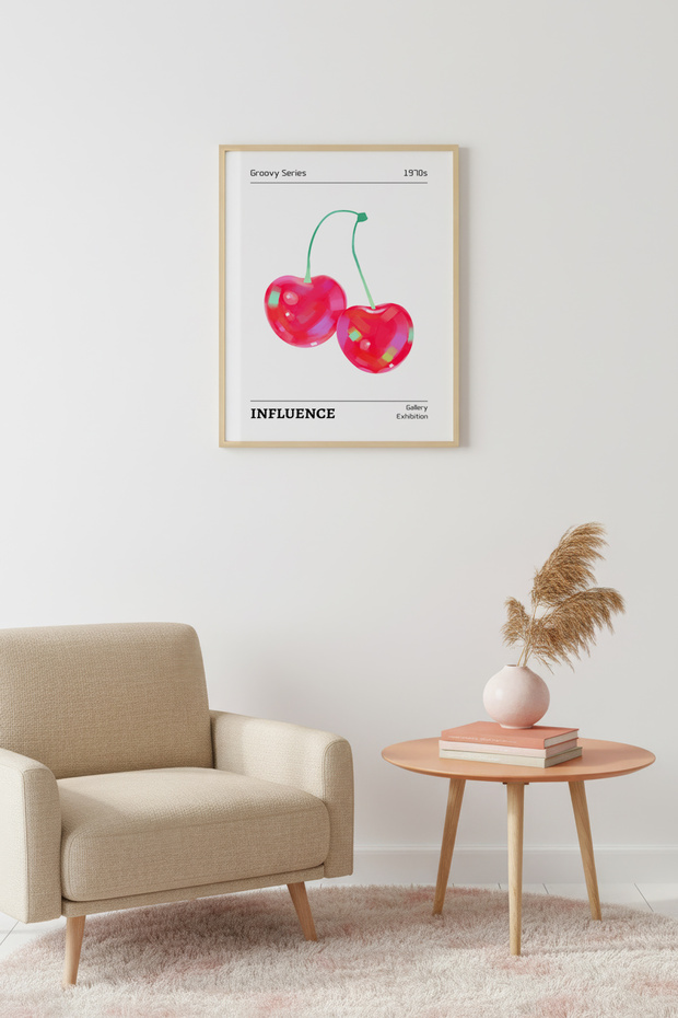 Natural Wood Framed Retro Pop Art Painting - Vibrant Strawberry Pattern | Huhu2847 - Single Table Natural Wood Frame