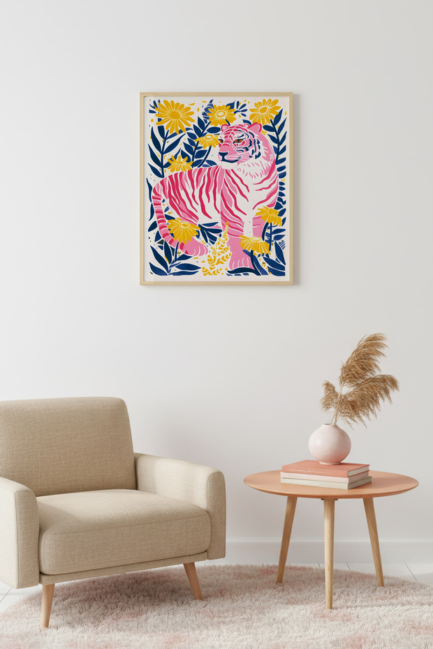 Natural Wood Framed Retro Tiger Floral Painting - Tropical Pattern | Huhu2601 - Single Table Natural Wood Frame