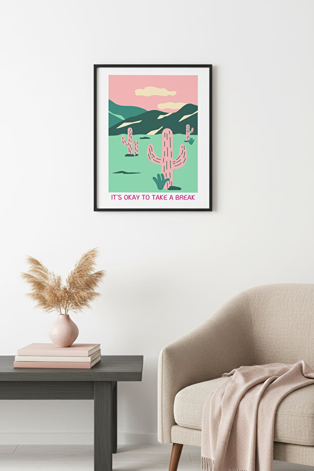 Black Wooden Framed Retro Painting - Cactus Desert Landscape | Huhu2383 - Single Table Black Frame