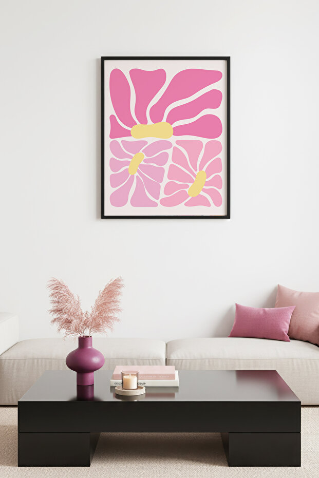 Black Wood Framed Retro Abstract Painting - Pink and Yellow Floral Pattern Wall Decor |   Huhu2764 - Single Table Black Frame