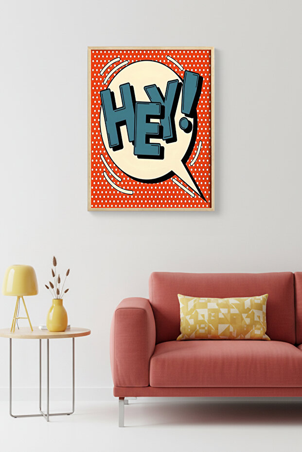 Natural Wood Framed Pop Art Typographic Painting - Turquoise Text | Huhu1940 - Single Table Natural Wood Frame