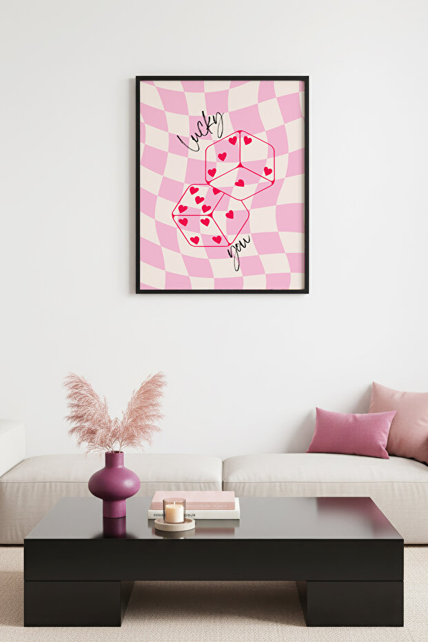 Black Wooden Framed Retro Painting - Romantic Geometric with Heart Pattern | Huhu2497 - Single Table Black Frame