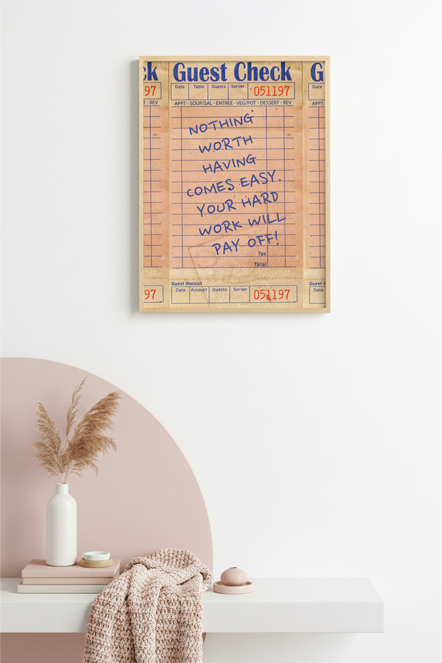Natural Wood Framed Vintage Retro Painting - Motivational Quote Diner Check | Huhu2570 - Single Table Natural Wood Frame