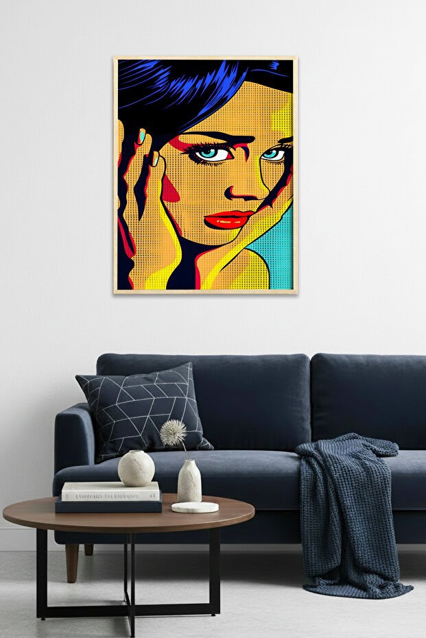 Natural Wood Framed Pop Art Graphic Patterned Painting - Yellow-Black | Huhu1755