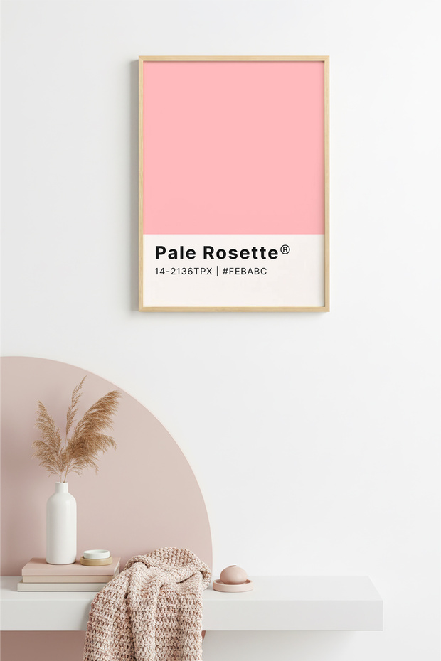 Natural Wood Framed Retro Painting - Pastel Pink Rosette Patterned Painting |   Huhu2093 - Single Table Natural Wood Frame