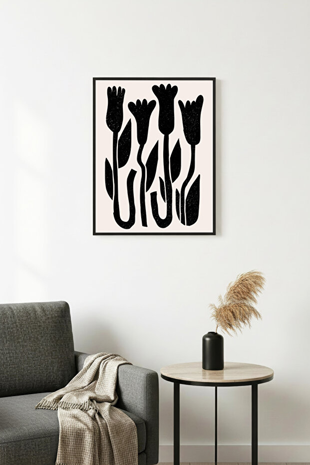 Black Wooden Framed Retro Floral Painting - Black and White Floral Pattern | Huhu2803 - Single Table Black Frame