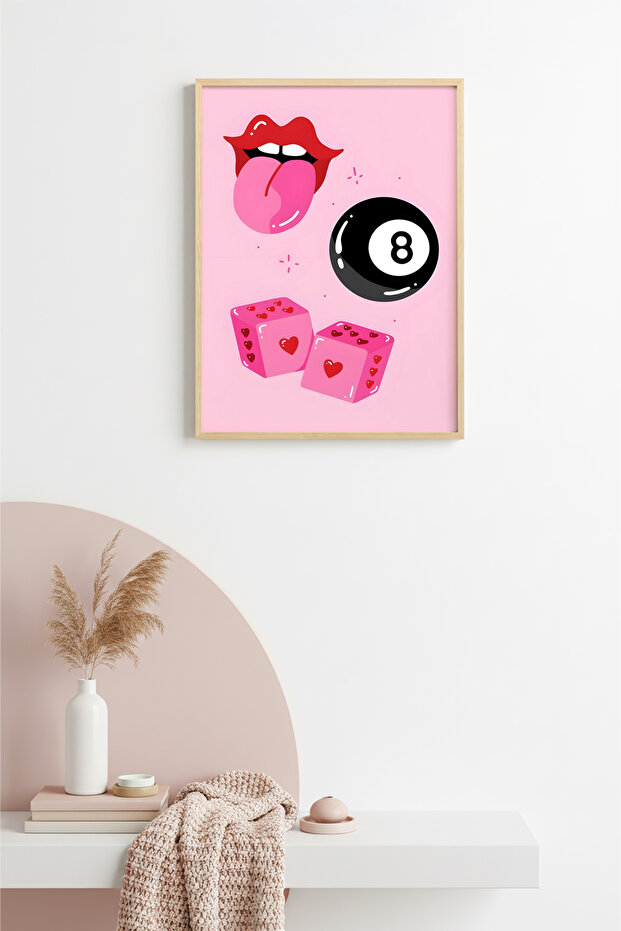 Natural Wood Framed Retro Painting - Hearted Dice and Numbers Pattern | Huhu2812