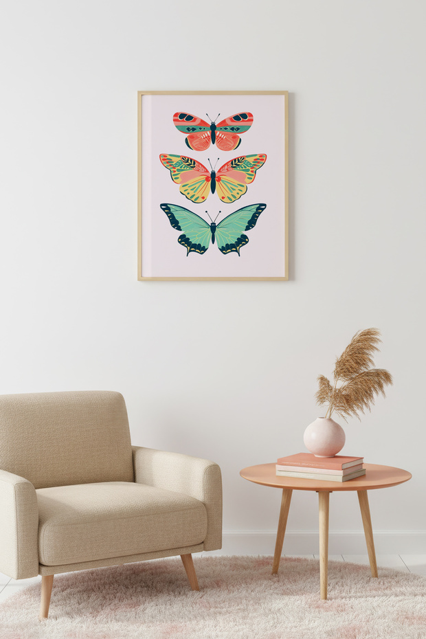 Natural Wood Framed Retro Painting - Butterfly Pattern | Huhu2690