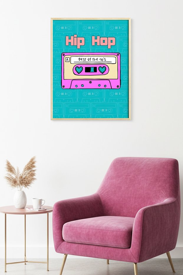 Natural Wood Framed Retro Graphic Art Print - Hip Hop 90S | Huhu1890 - Single Table Natural Wood Frame