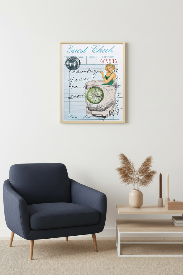Natural Wood Framed Retro Painting - Summer Cocktail Illustration | Huhu2205 - Single Table Natural Wood Frame