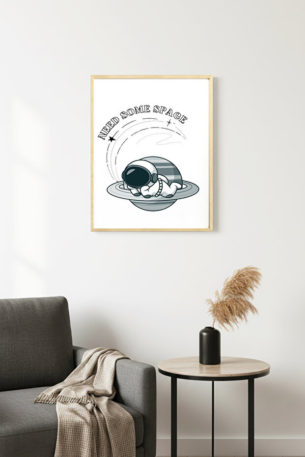 Natural Wooden Framed Retro Painting - Space Themed Astronaut | Huhu2319 - Single Table Natural Wood Frame