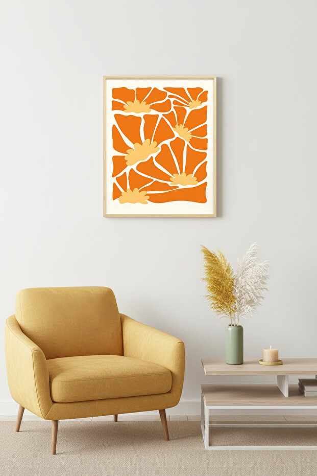 Natural Wood Framed Retro Painting - Orange Floral Pattern | Huhu2328 - Single Table Natural Wood Frame