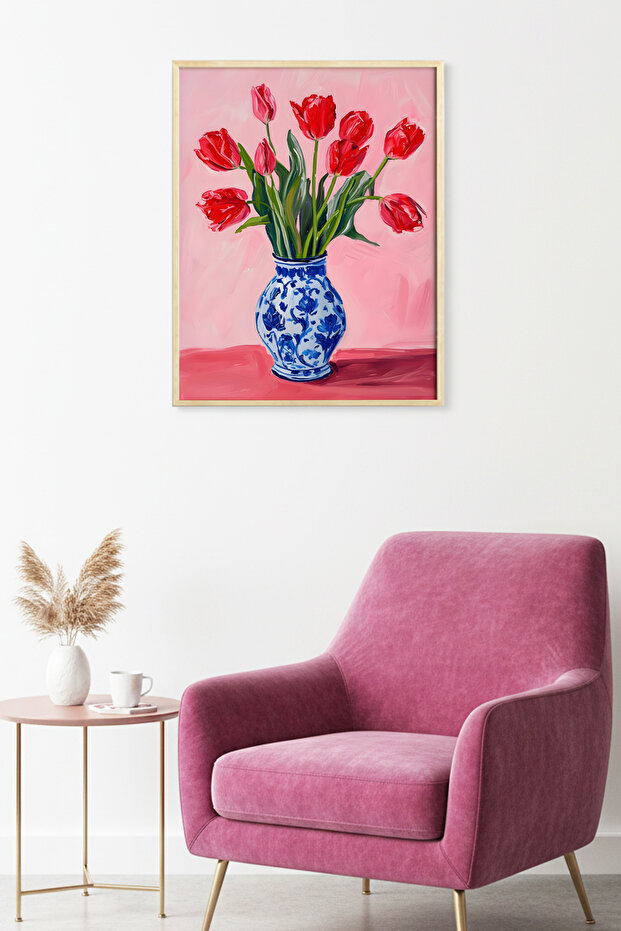 Natural Wooden Framed Tulip Patterned Painting - Red Spring Theme | Huhu1762