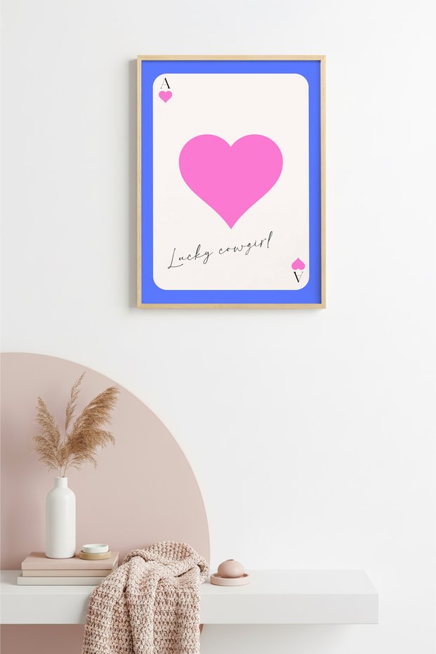 Natural Wood Framed Retro Cowgirl Heart Painting - Pink Tones |   Huhu2312 - Single Table Natural Wood Frame