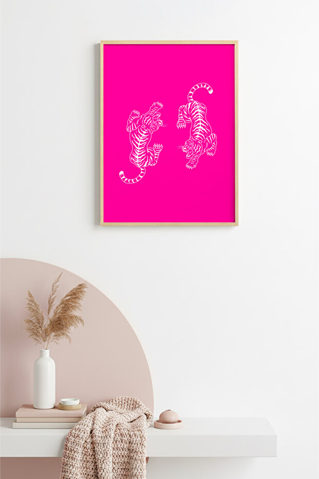 Natural Wood Framed Retro Tiger Painting - Forest Animals | Huhu2532 - Single Table Natural Wood Frame