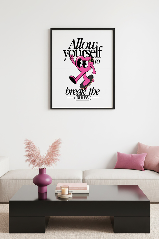 Black Wooden Framed Retro Pop Art Painting - Break the Rules Fun Design | Huhu2813 - Single Table Black Frame