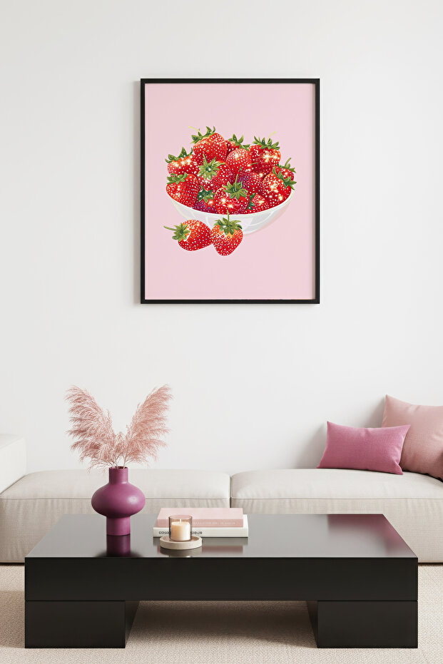 Black Wooden Framed Retro Strawberry Painting - Vibrant Red | Huhu2564 - Single Table Black Frame