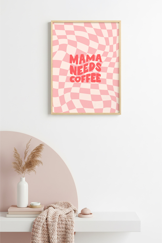 Natural Wooden Framed Retro Style Mama Needs Coffee Painting - Pink Pattern | Huhu2454