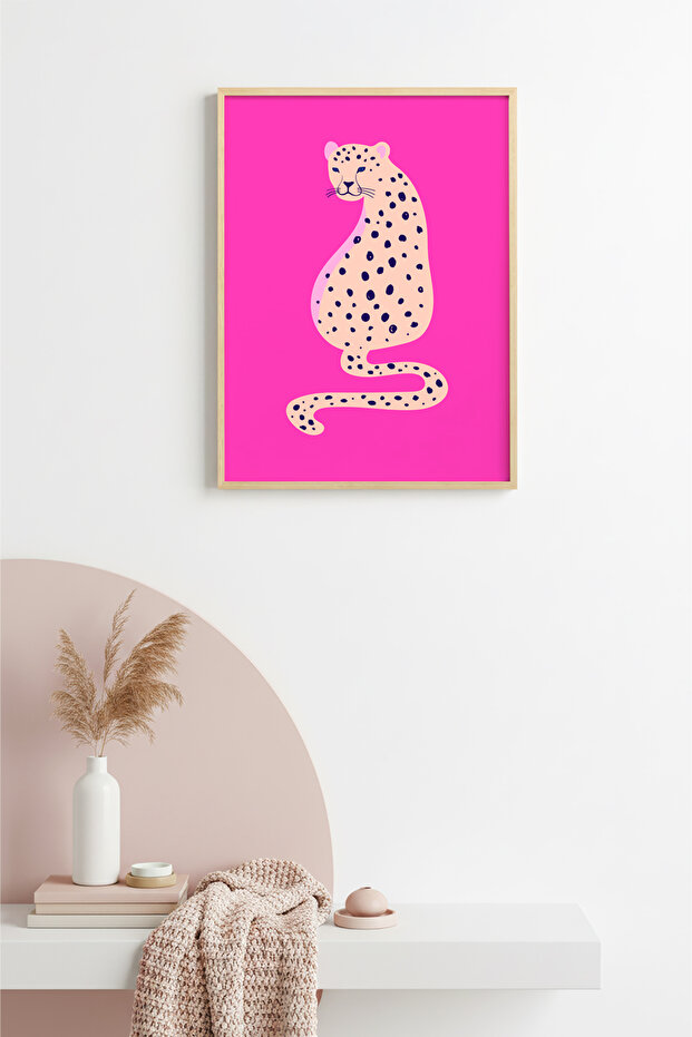 Natural Wood Framed Retro Leopard Portrait Painting - Abstract Animal Design | Huhu2423 - Single Table Natural Wood Frame